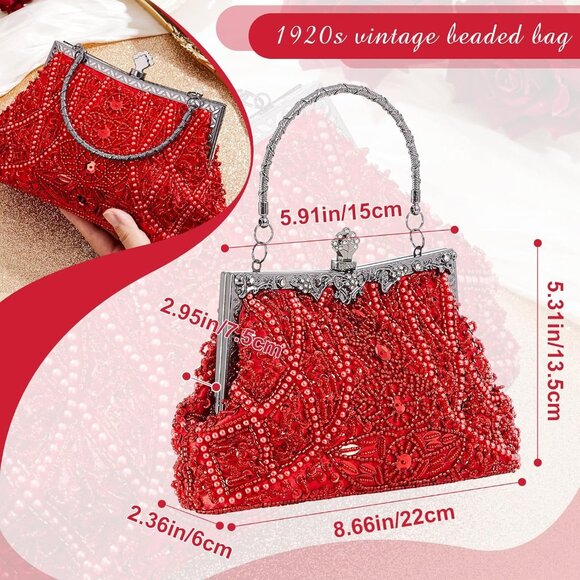 ⚡ Women's Red Rhinestones Vintage Beaded Satin Lining Evening Clutch Bag - Picture 3 of 7